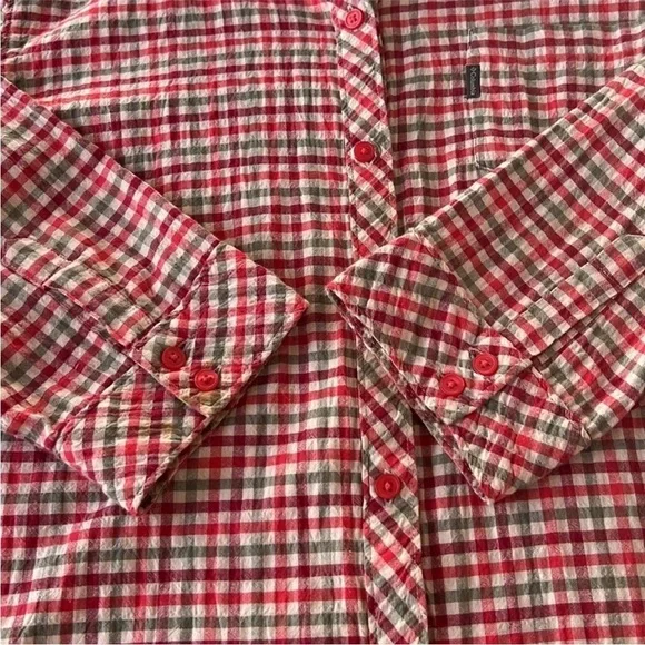 Columbia Plaid Button Down Shirt Crinkle Cotton 3/4 Sleeve L - Picture 5 of 10